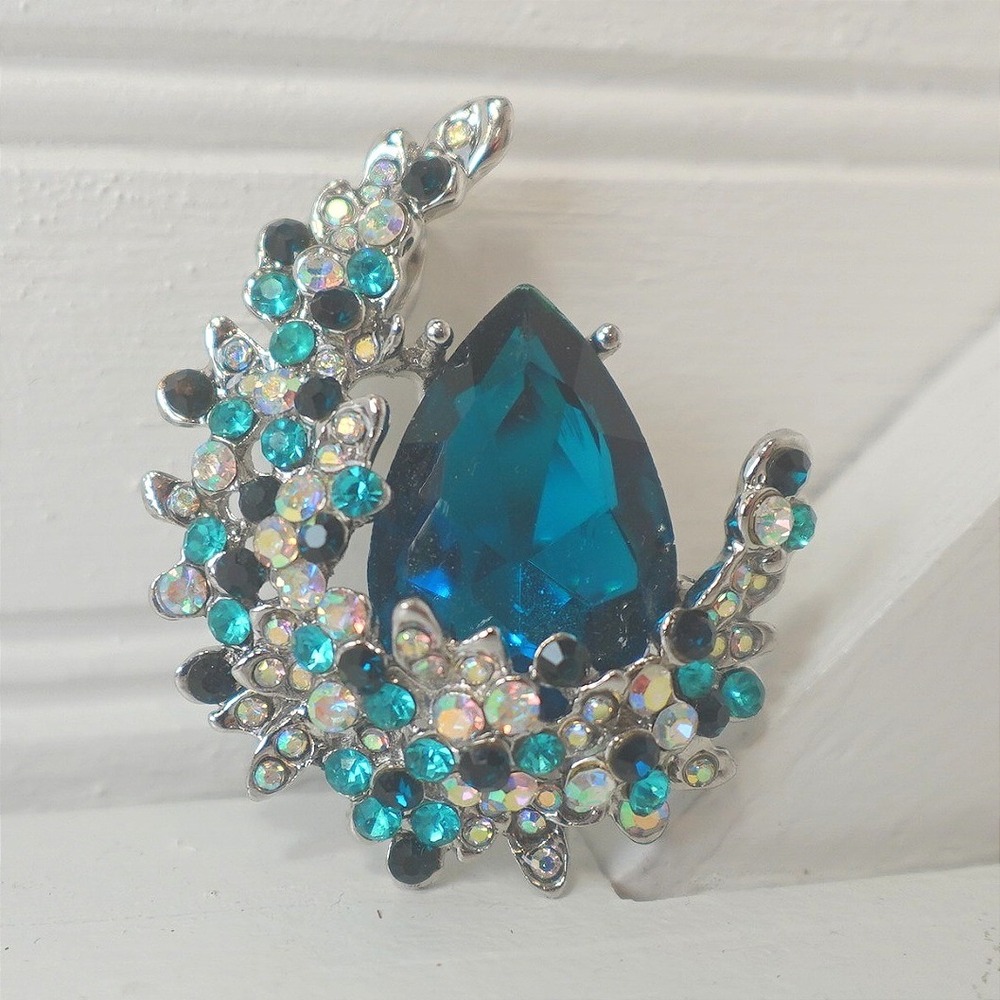 Crystal Moon Pendant Silver Tone Blue Rhinestone Celestial Design 2 inch